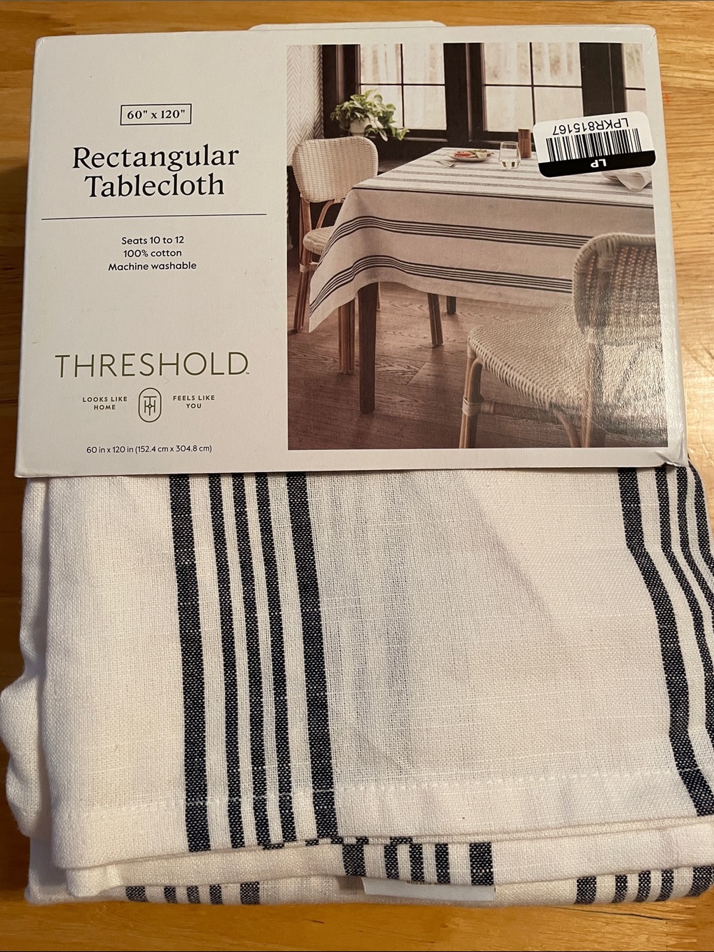 Threshold White Tablecloth with Navy Stripe Accent 60”x120”
